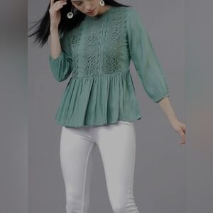Tokyo Talkies Urban Chic Teal Blouse with Embroidered Details